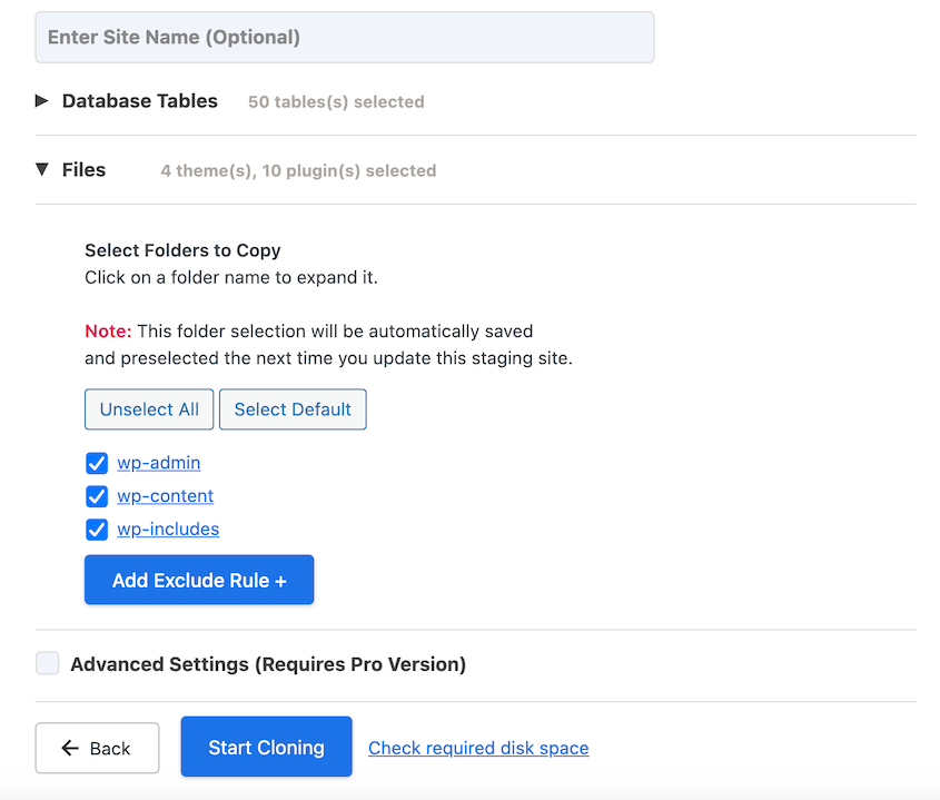 WP Staging settings