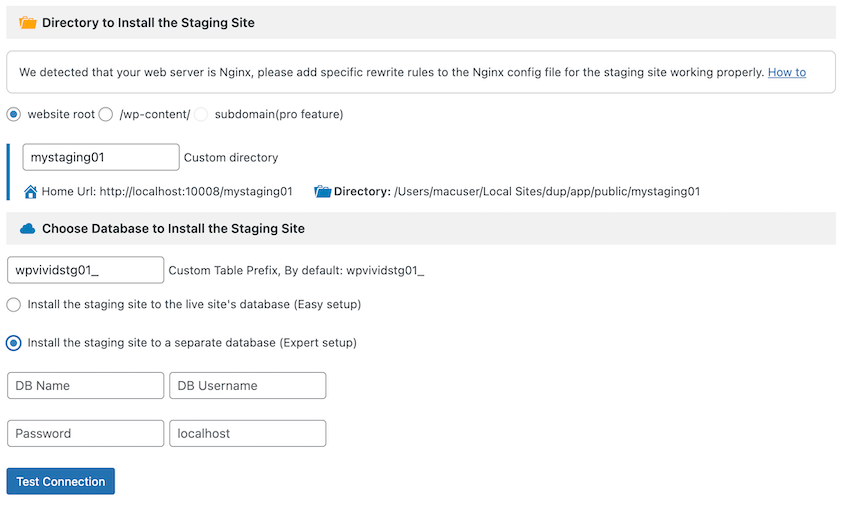 WPvivid staging setup