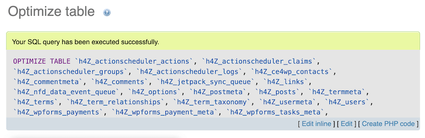 phpMyAdmin finished database optimization query