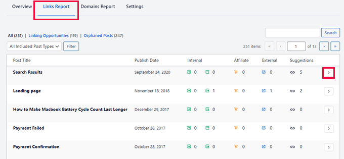 AIOSEO link report