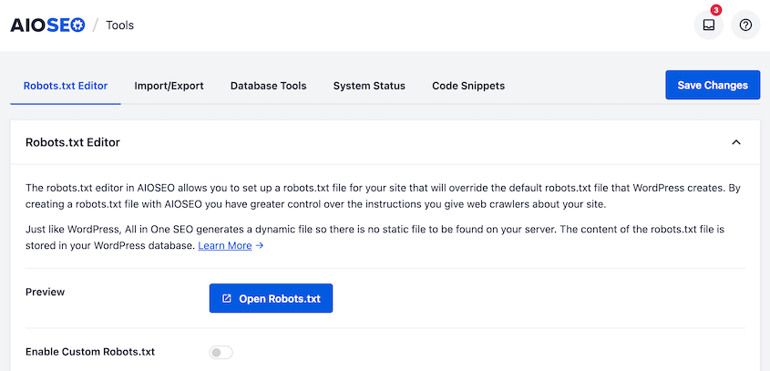 AIOSEO robots.txt editor