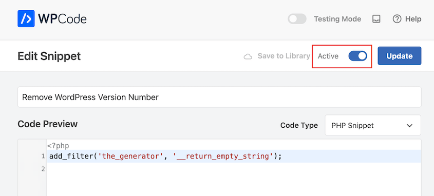 Activate WPCode snippet that hides WP version