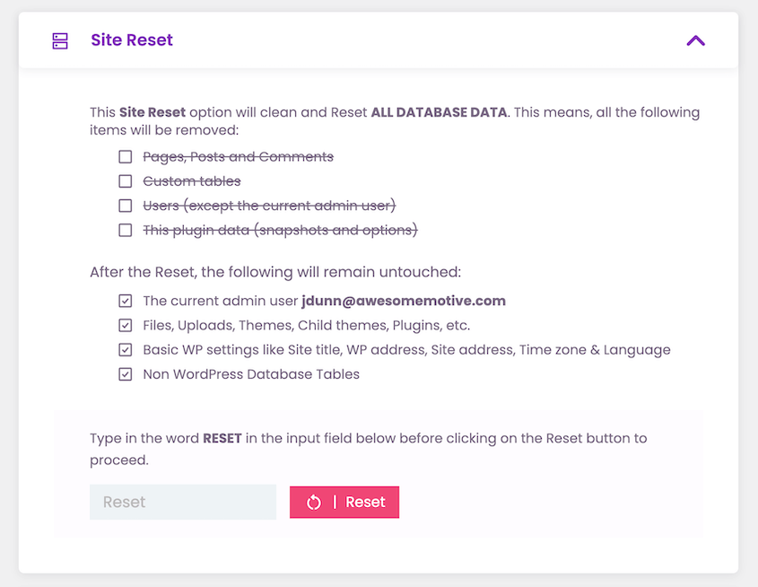 Advanced WordPress Reset settings