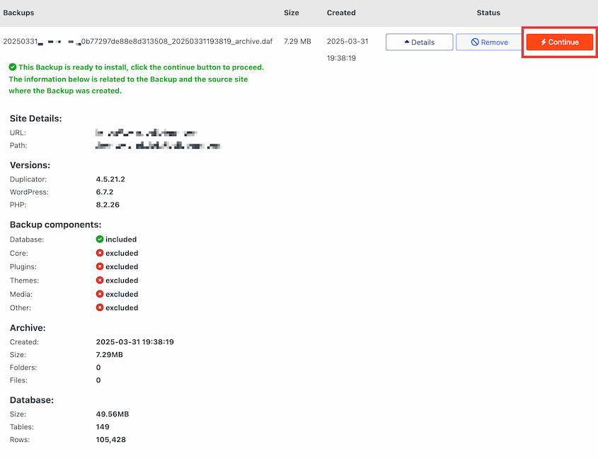 Import database backup