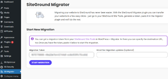 Paste SiteGround migration token