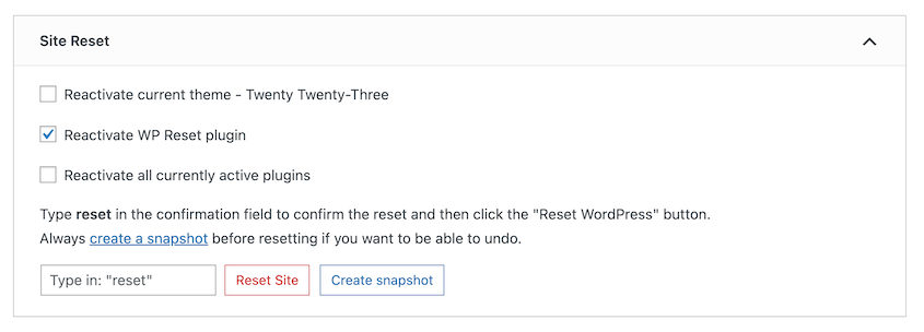 Reset site with WP Reset
