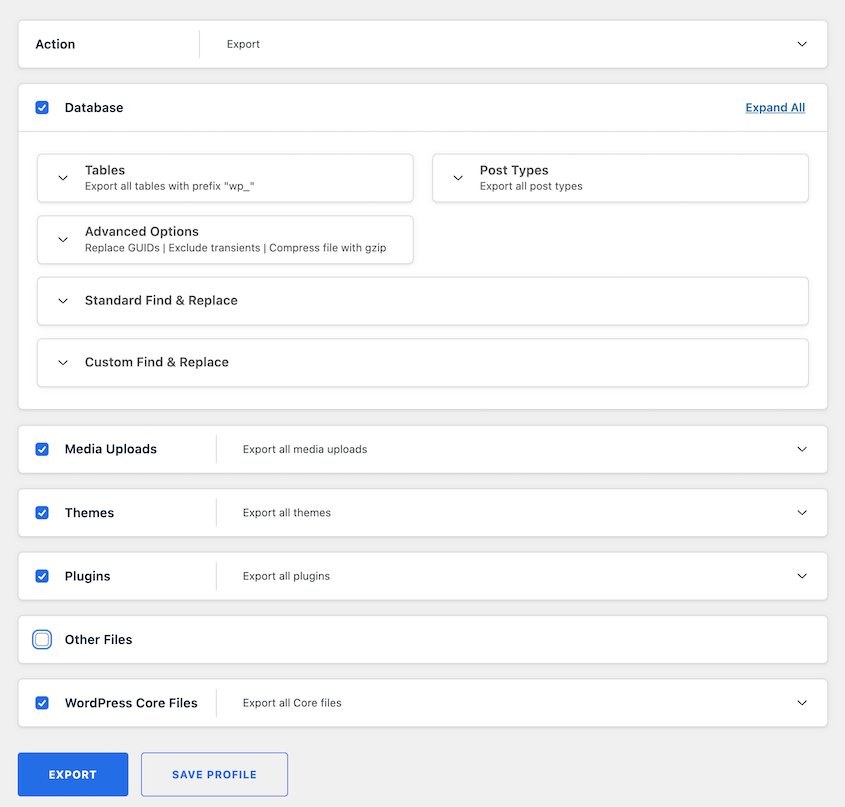 WP Migrate export options