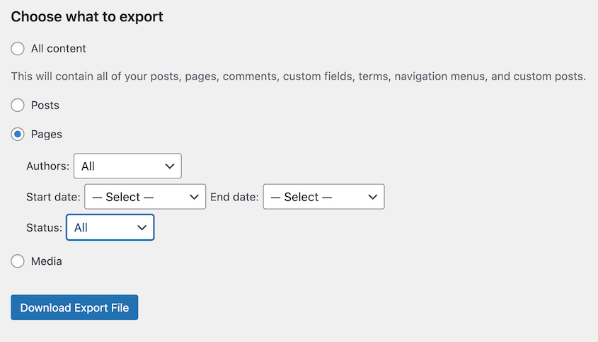 Export WordPress pages