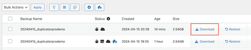 Download remote backup
