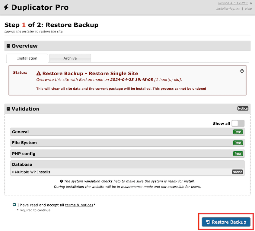 Restore remote backup with Duplicator