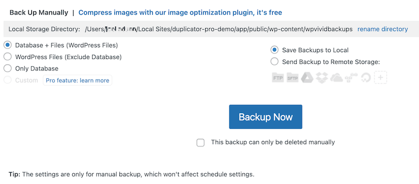 Create backup with WPvivid