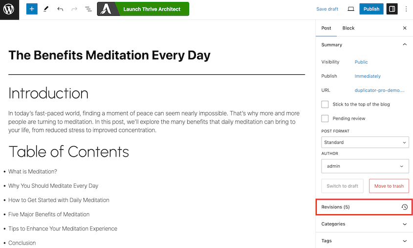 Open post revisions in the Block Editor