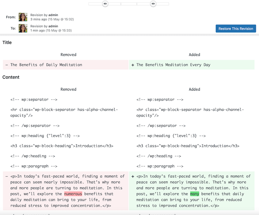 Block Editor post revisions