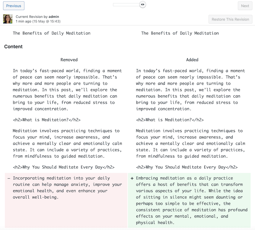 Classic Editor post revisions