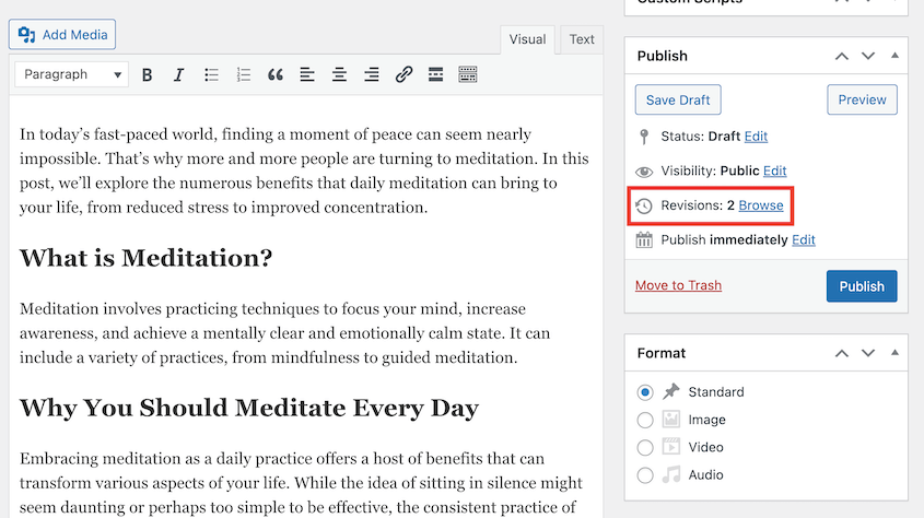 Open post revisions in the Classic Editor