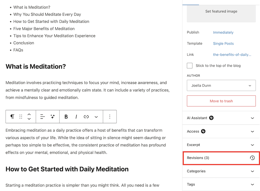 Open WordPress.com post revisions