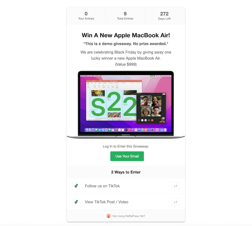 RafflePress givaway with TikTok entries