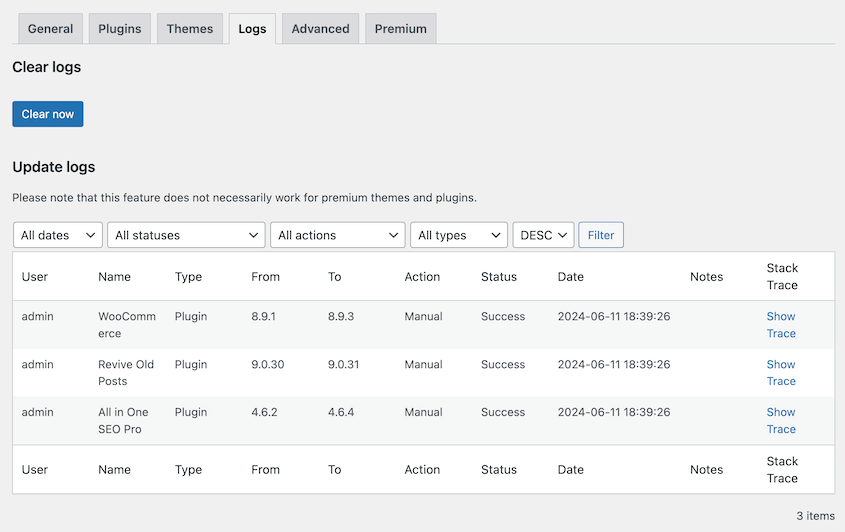 Easy Updates Manager logs