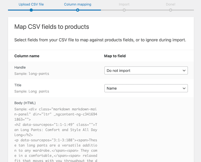 Product field mapping