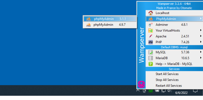 Open phpMyAdmin with WAMP