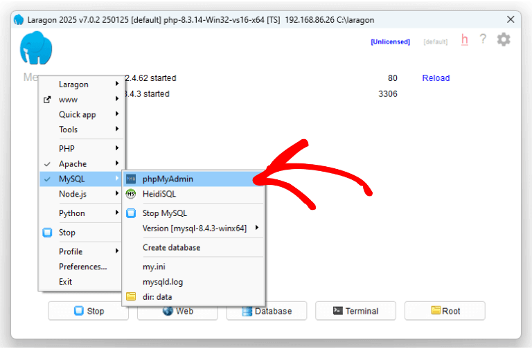 Laragon phpMyAdmin