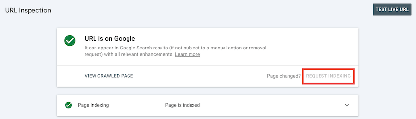 Request indexing on Google Search Console
