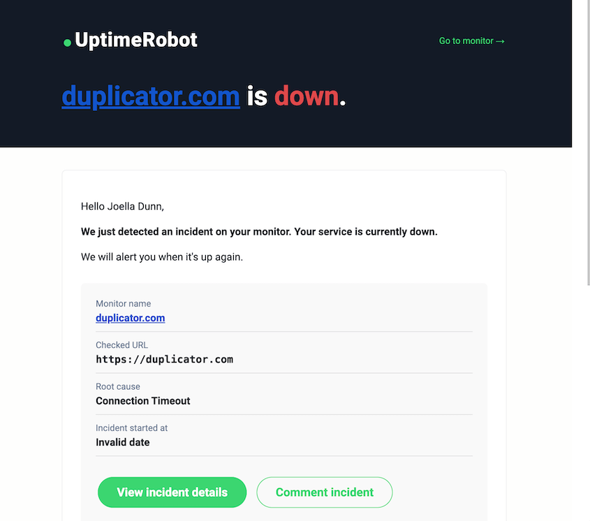 UptimeRobot alert