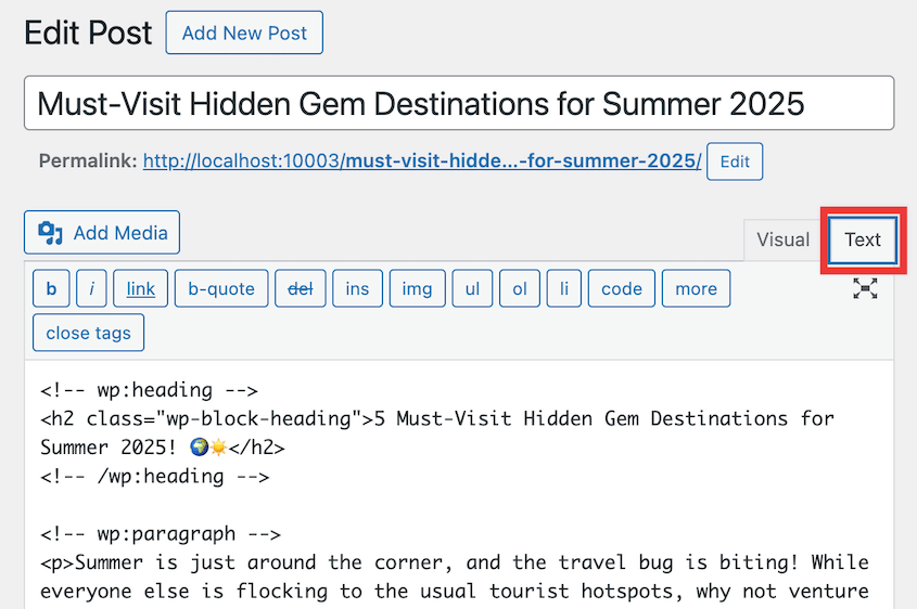 Classic editor HTML