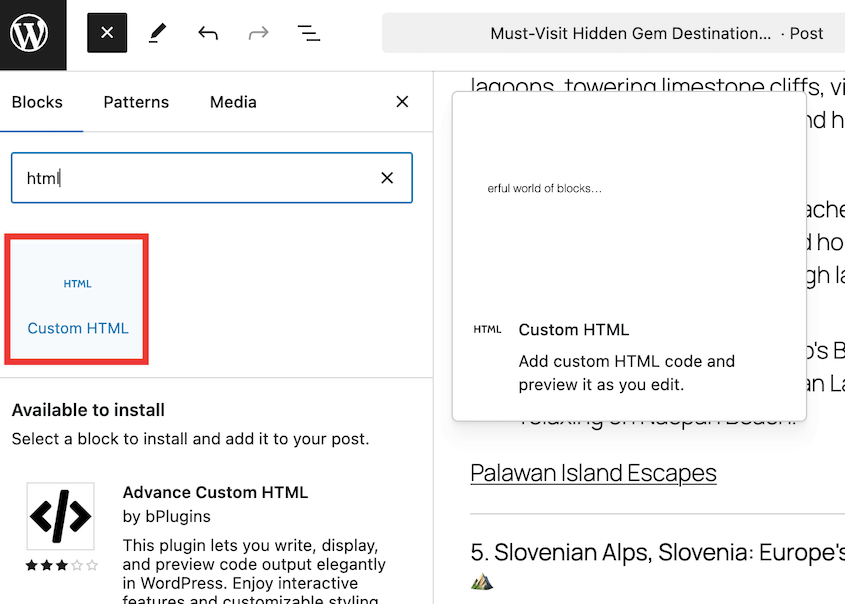 Custom HTML WordPress block