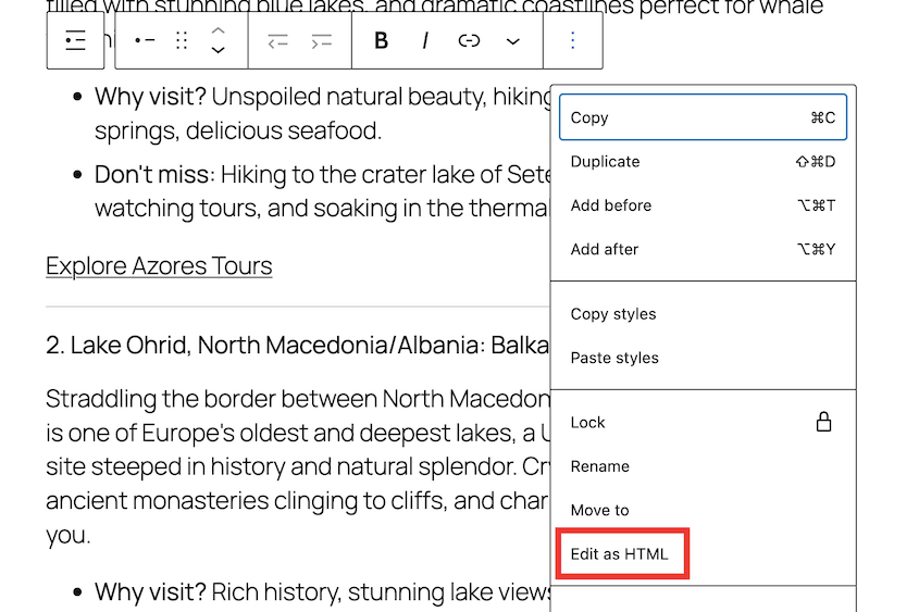 Edit WordPress block as HTML