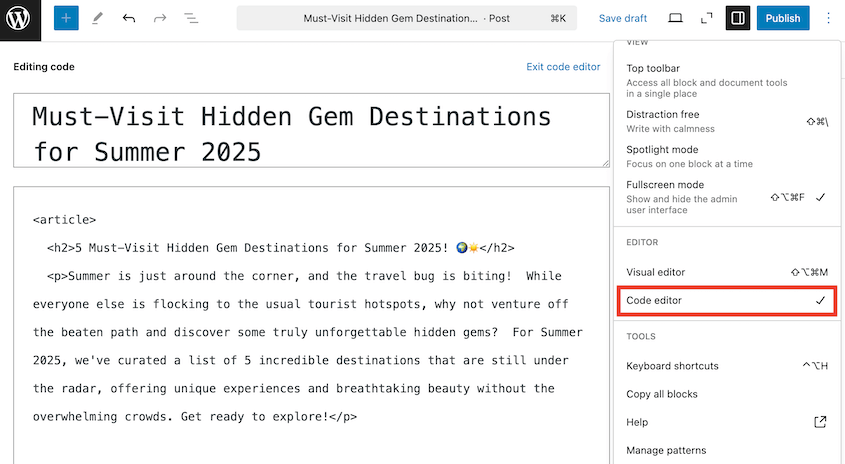Open WordPress block code editor